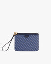 POCHETTE PM MONOGRAM in blue, front view, detachable leather wrist strap, gold-tone zipper and charm