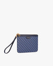 POCHETTE PM MONOGRAM in blue, three-quarter view, laid flat, with detached leather wrist strap