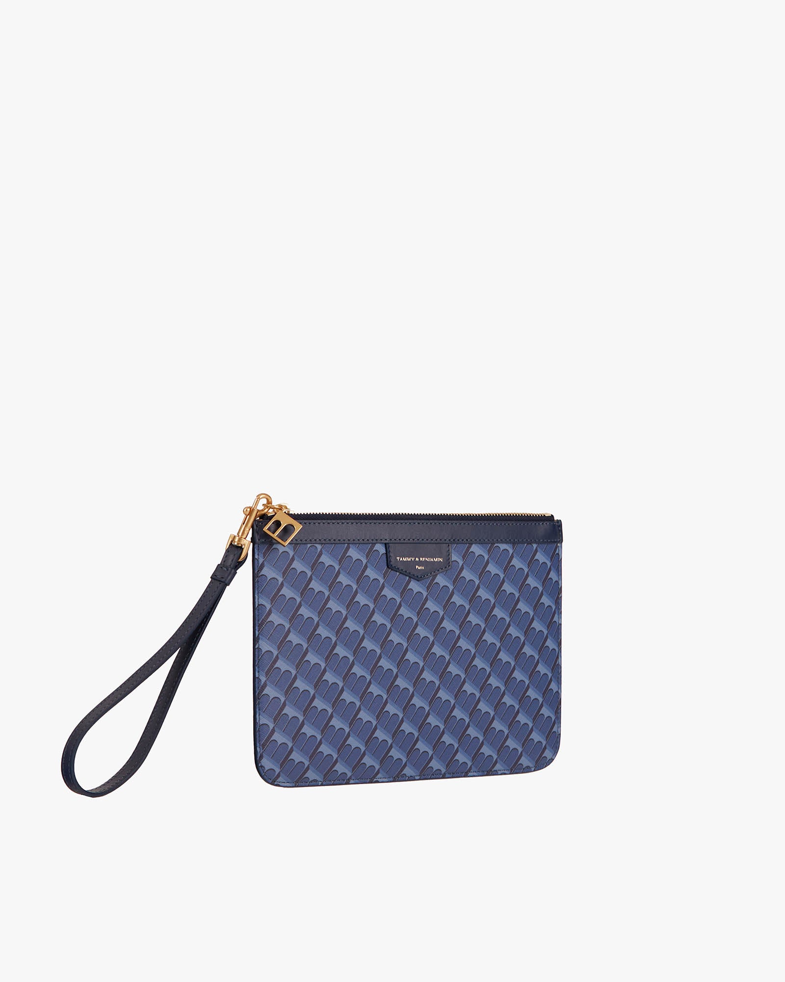 POCHETTE PM MONOGRAM in blue, three-quarter view, laid flat, with detached leather wrist strap