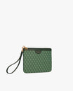 Pochette PM Monogram verte de trois quarts, dragonne en cuir sortie, motif Marble Arch visible