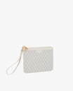 Pochette PM Monogram blanc ivoire de trois quarts, dragonne en cuir détachée posée sur le côté