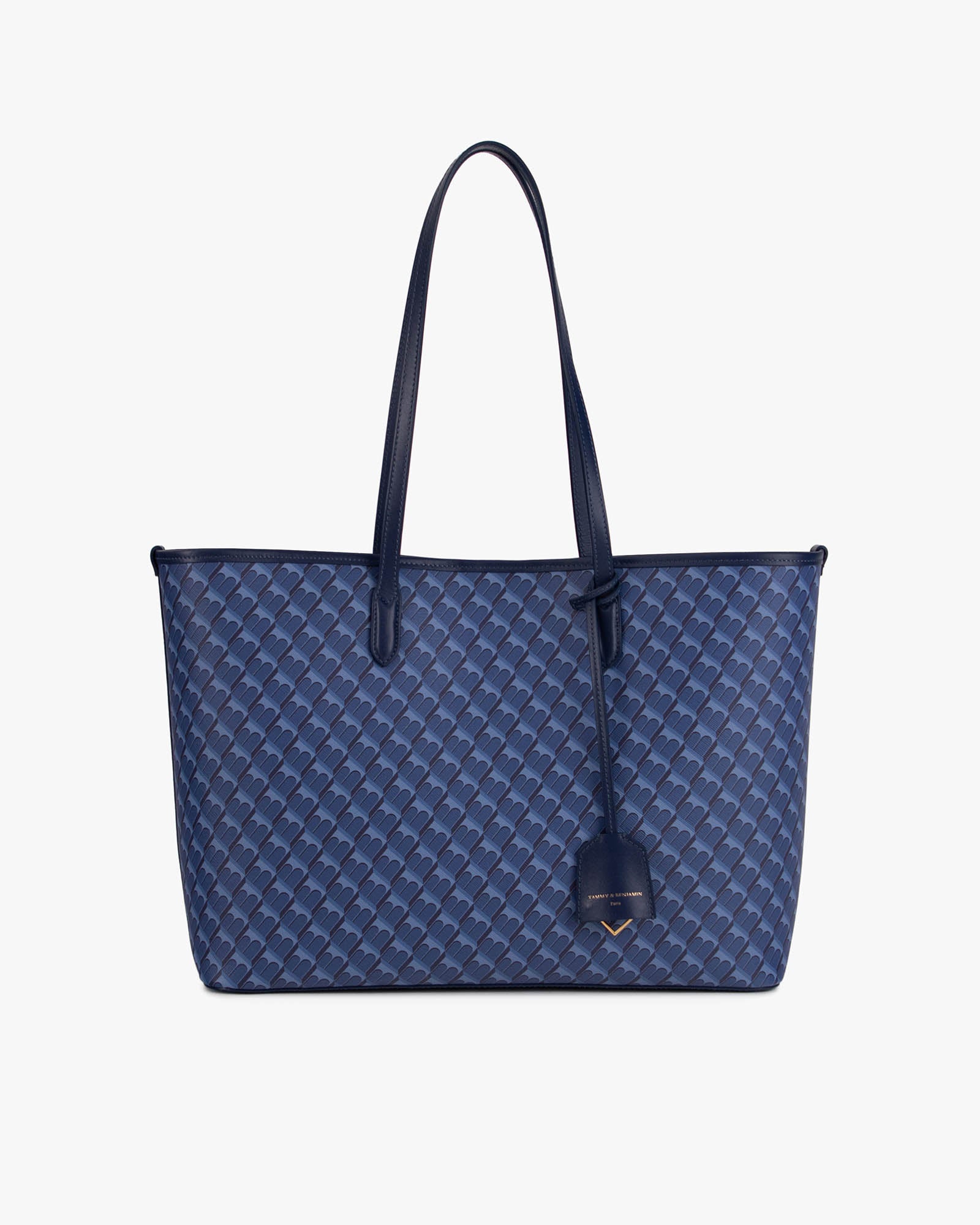 TOTE MONOGRAM bleu, vue de face, posé, anses longues en cuir, motif monogramme sur toile enduite