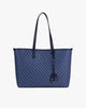 TOTE MONOGRAM bleu, vue de face, posé, anses longues en cuir, motif monogramme sur toile enduite