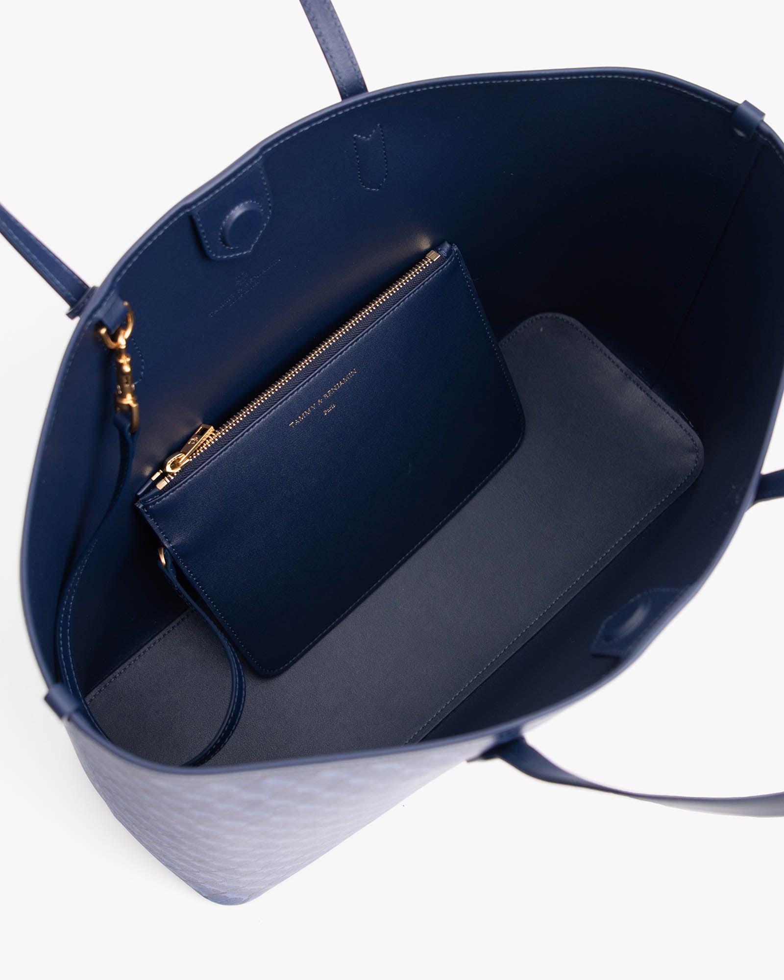 TOTE MONOGRAM Bleu, vue intérieure ouverte avec pochette zippée amovible assortie