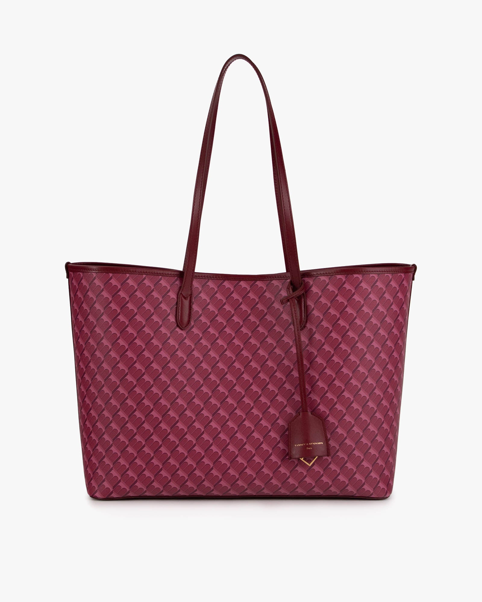 TOTE MONOGRAM Bordeaux, vue de face posé, anses longues en cuir et porte-adresse
