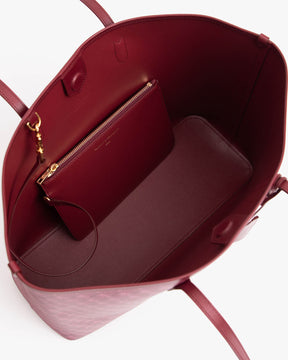 TOTE MONOGRAM Bordeaux vu de dessus, intérieur ouvert avec pochette zippée amovible