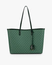 Sac TOTE MONOGRAM vert de face, posé, motif architecte sur toile enduite et anses plates en cuir