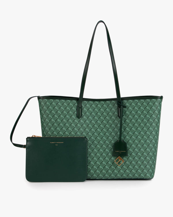 Sac TOTE MONOGRAM vert de face avec sa pochette amovible posée devant, anses portées épaule