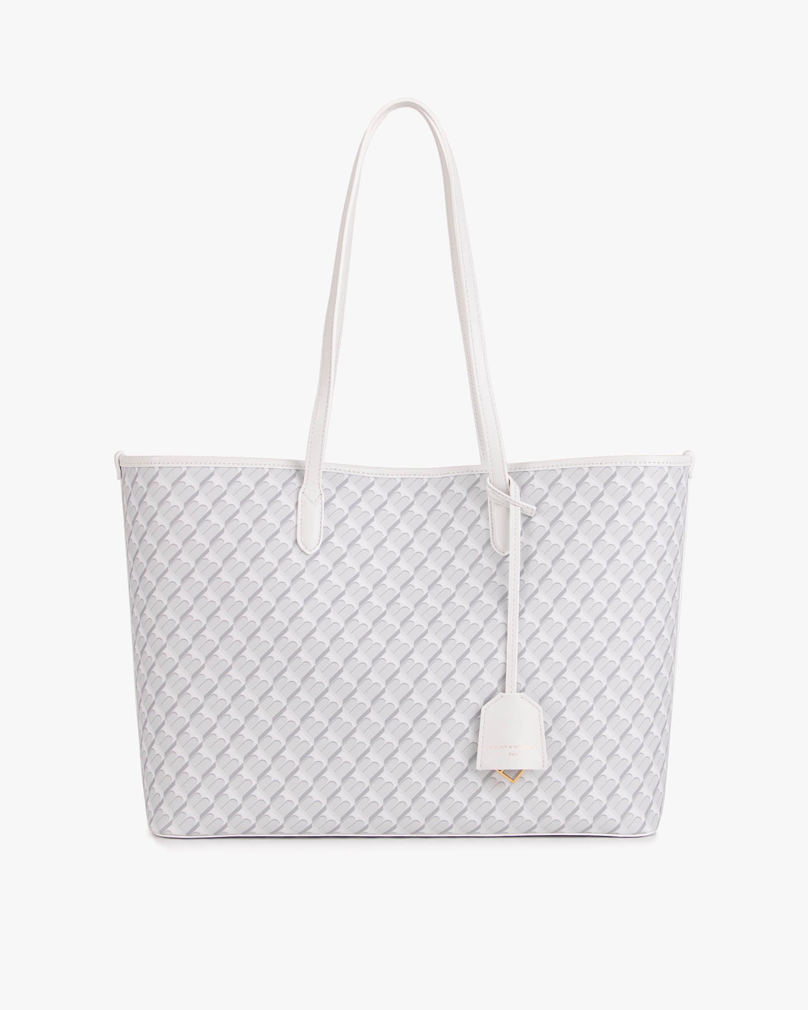 TOTE MONOGRAM blanc ivoire, vue de face, anses longues en cuir, posé sur fond blanc