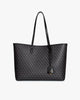Sac TOTE MONOGRAM noir, vue de face, posé, anses longues en cuir et pampille logo