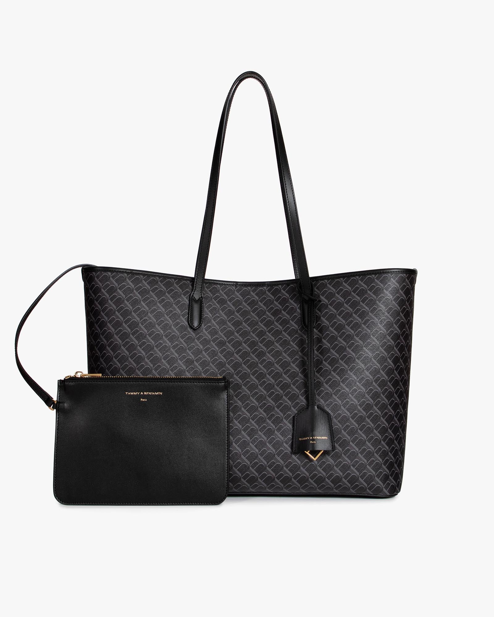 Tote Monogram noir, vue de face posé avec pochette zippée amovible devant et anses longues en cuir