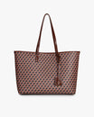 TOTE MONOGRAM in brown, front view, standing, long leather handles and hanging tag visible