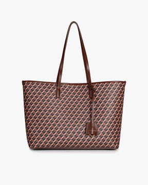 TOTE MONOGRAM in brown, front view, standing, long leather handles and hanging tag visible