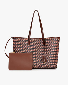 TOTE MONOGRAM in brown, front view with removable brown pouch, long leather handles