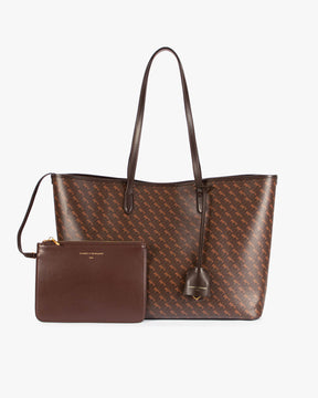 TOTE MONOGRAM Chocolat, vue de face avec pochette zippée amovible posée devant