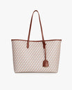 TOTE MONOGRAM tan et brun, vue de face, posé, avec ses deux anses plates en cuir