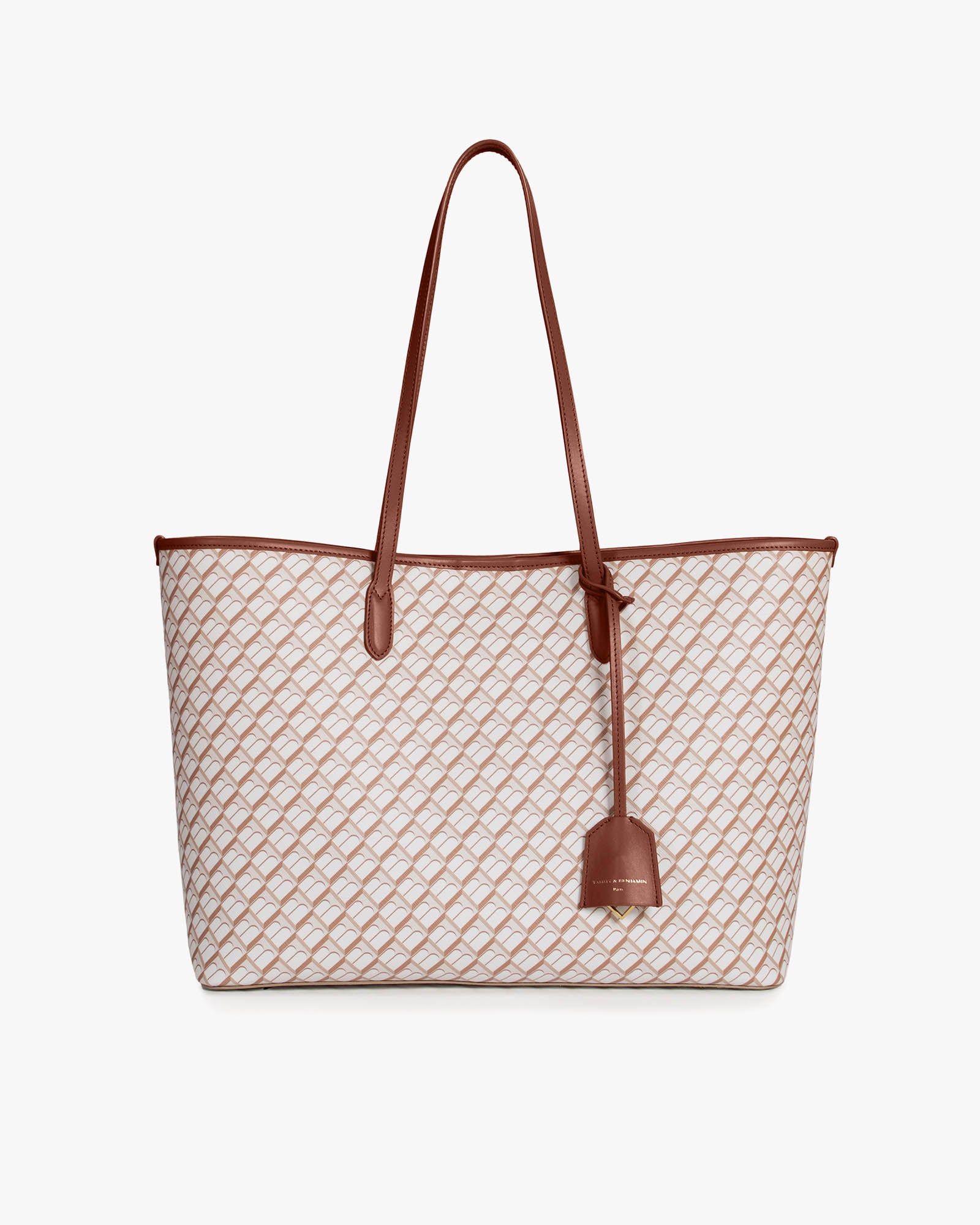 TOTE MONOGRAM tan et brun, vue de face, posé, avec ses deux anses plates en cuir