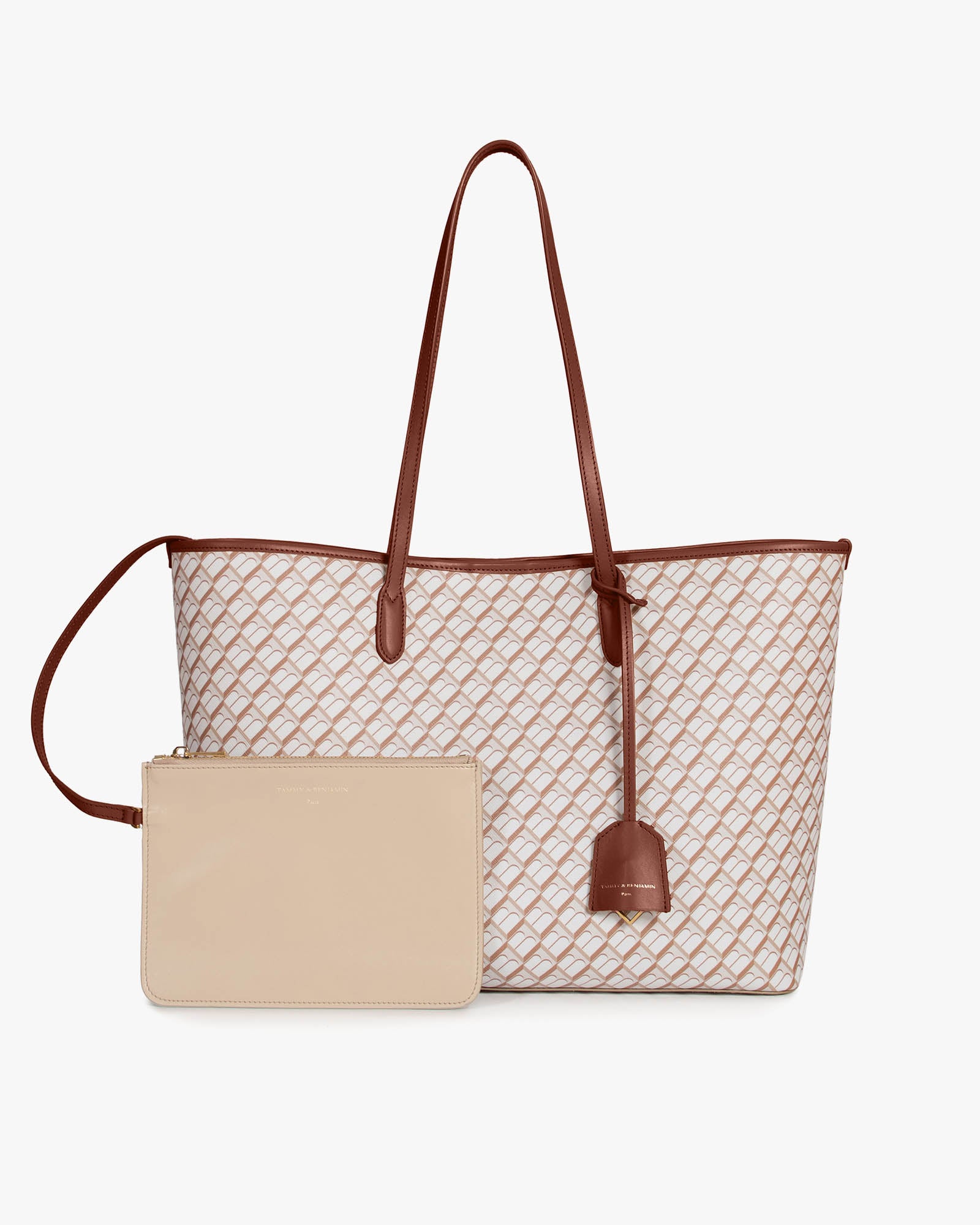 TOTE MONOGRAM tan et brun posé de face avec pochette amovible beige détachée