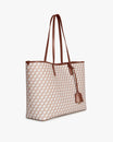 TOTE MONOGRAM Tan et brun, vue de trois-quarts, anses longues en cuir, posé