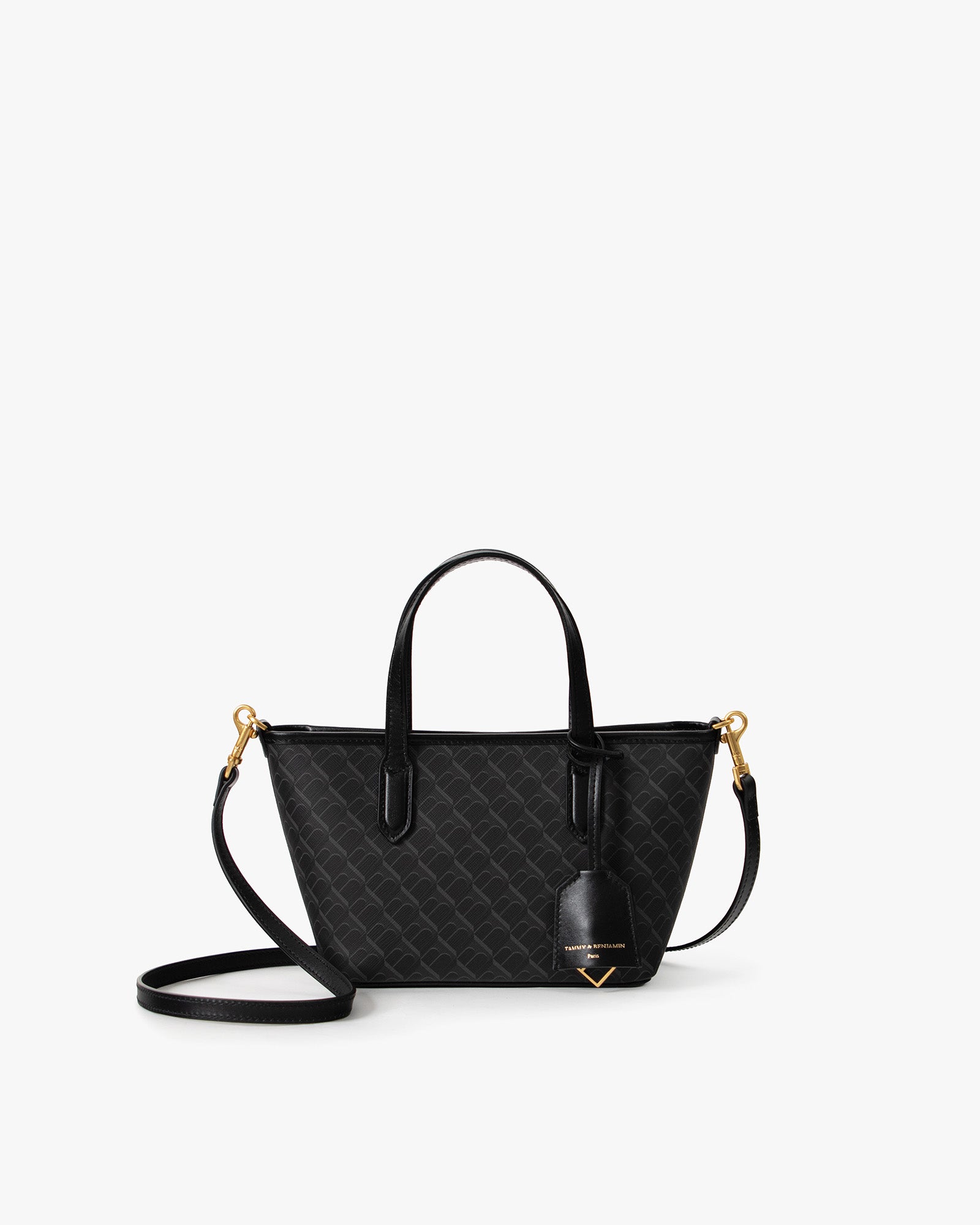 Sac SHOPPER NANO noir monogram, vue de face avec anses courtes et bandoulière amovible détachée