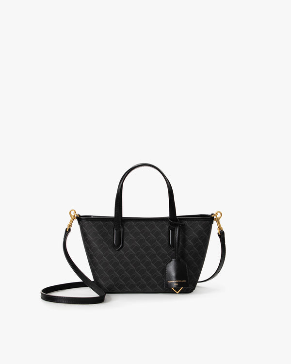 Sac SHOPPER NANO noir monogram, vue de face avec anses courtes et bandoulière amovible détachée