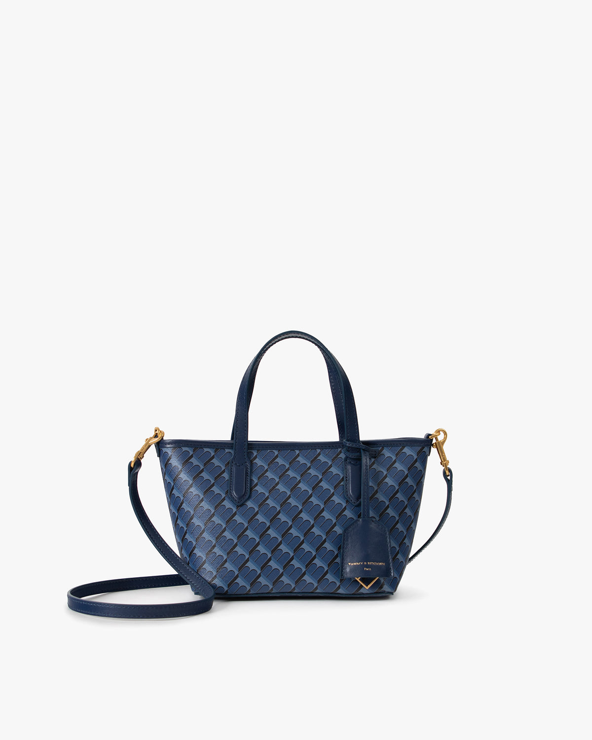 SHOPPER NANO Bleu, vue de face avec anses courtes et bandoulière amovible posée au sol
