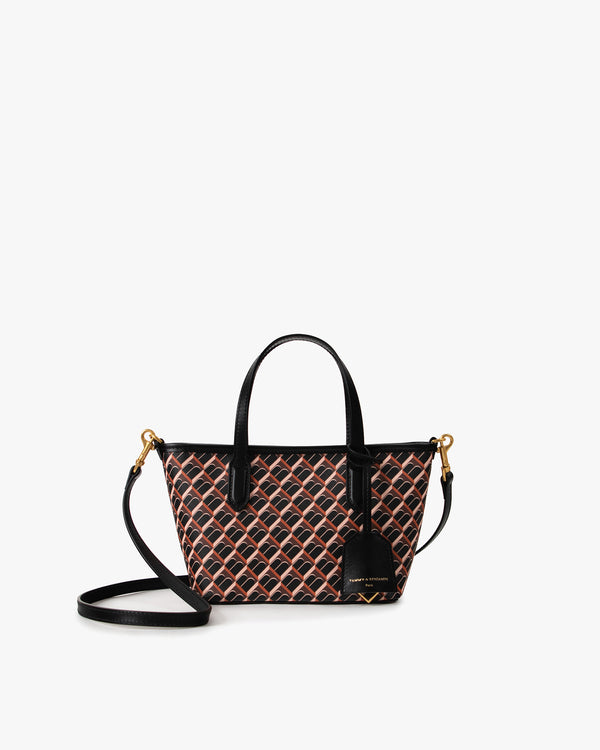 SHOPPER NANO Monogram brun et noir de face, anses courtes et bandoulière amovible posées