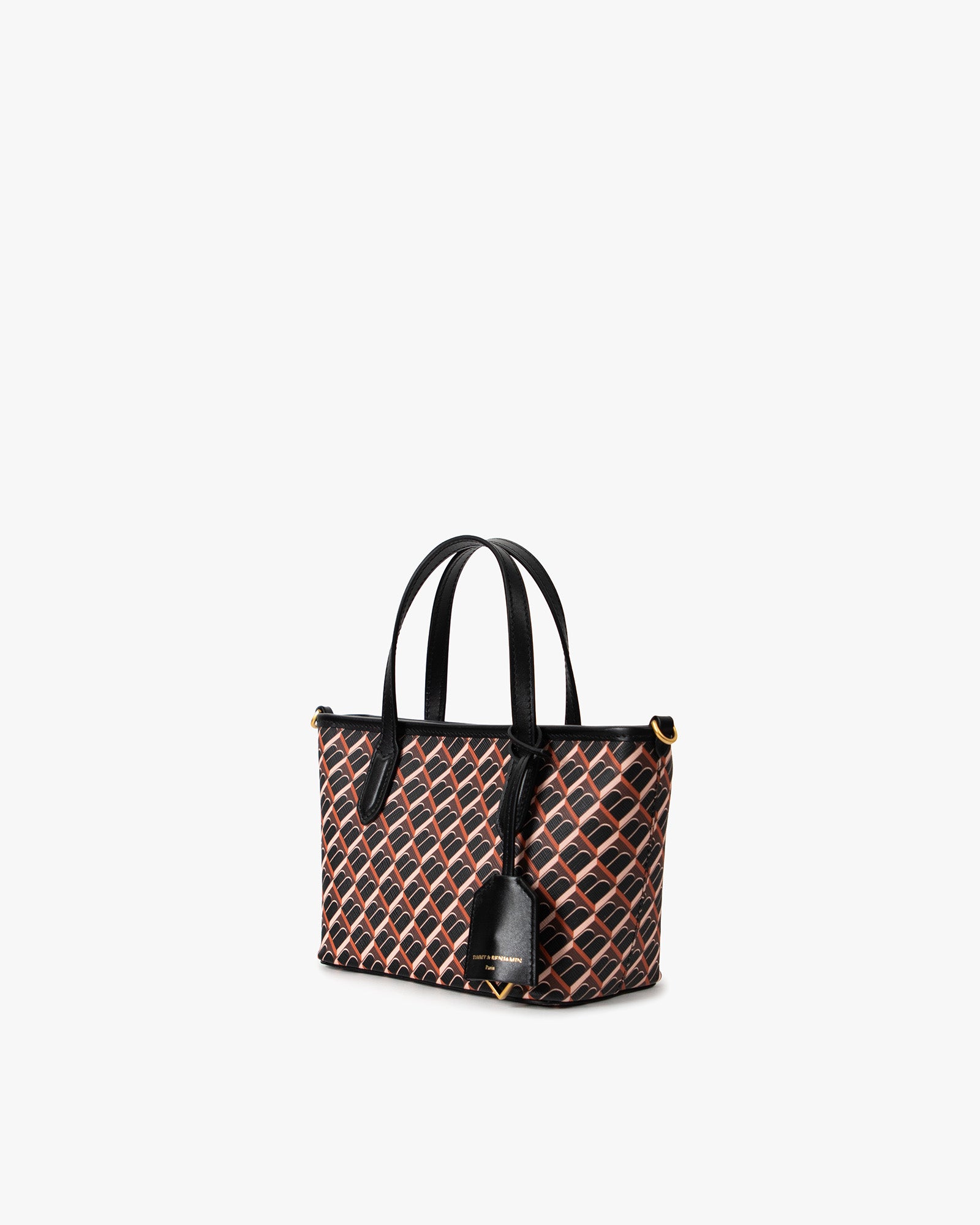 SHOPPER NANO brown and black, three-quarter view, standing, monogram print with black leather handles