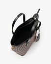 Shopper Nano in brown and black, open interior view, monogram pattern, black leather handle and strap