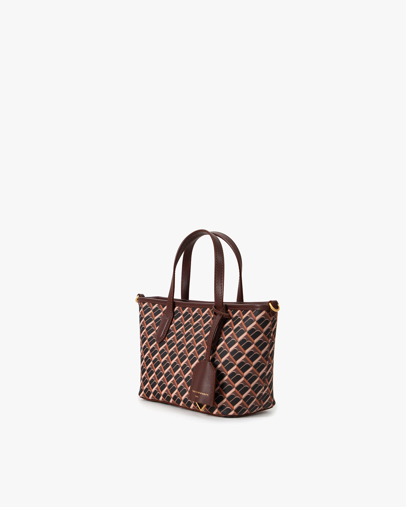 SHOPPER NANO Brun monogram, vue de trois-quarts, posé, avec ses deux anses en cuir