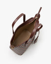 SHOPPER NANO brun monogram, vue intérieure ouverte, poche zippée et anses en cuir visibles