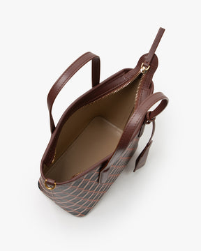 SHOPPER NANO brun monogram, vue intérieure ouverte, poche zippée et anses en cuir visibles