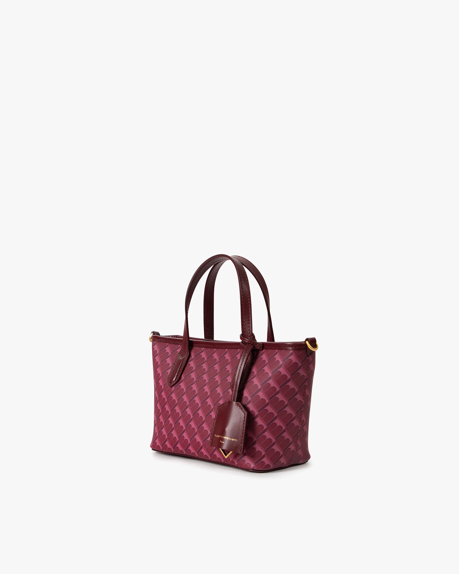 SHOPPER NANO Bordeaux, vue de trois-quarts, posé, anses en cuir et motif monogramme