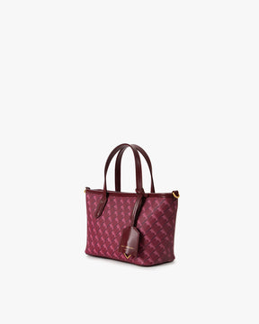 SHOPPER NANO Bordeaux, vue de trois-quarts, posé, anses en cuir et motif monogramme
