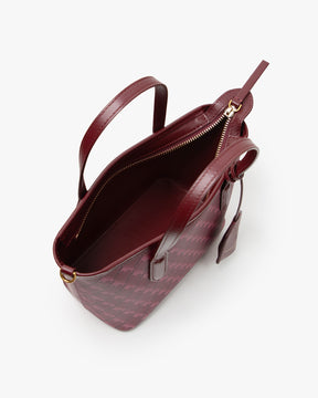 SHOPPER NANO Bordeaux ouvert, vue plongeante sur l'intérieur en cuir et la fermeture zippée