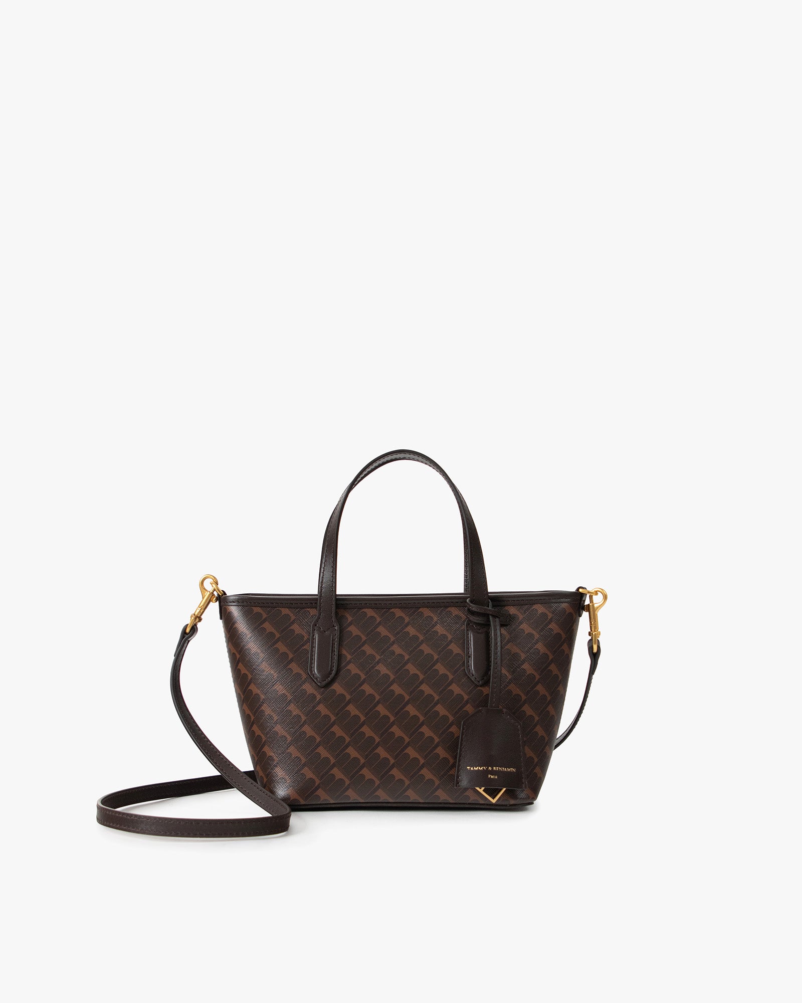 SHOPPER NANO Chocolat monogram, vue de face avec anses courtes et bandoulière amovible posée
