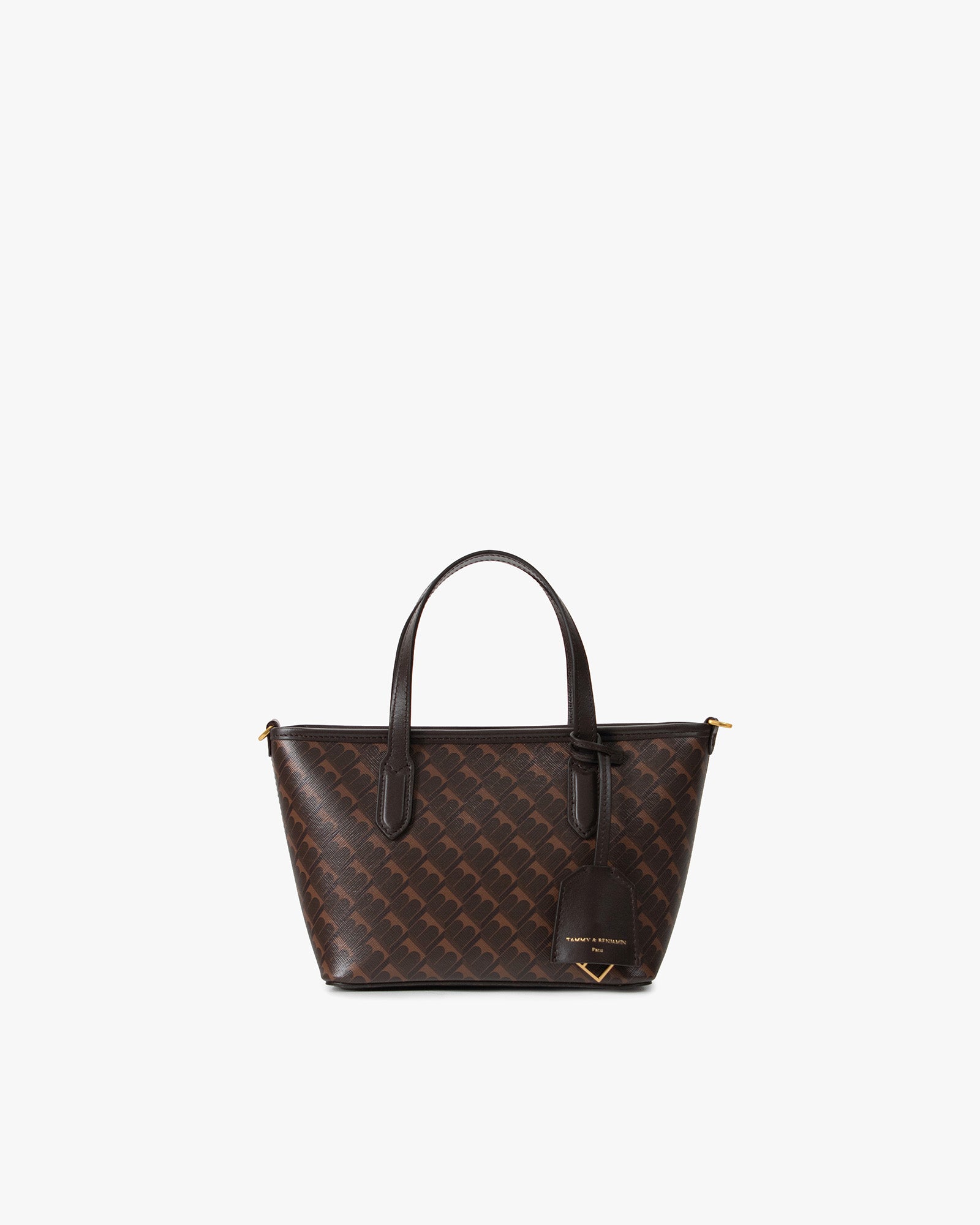 SHOPPER NANO Chocolat monogram, vue de face, posé, anses courtes relevées, porte-étiquette suspendu