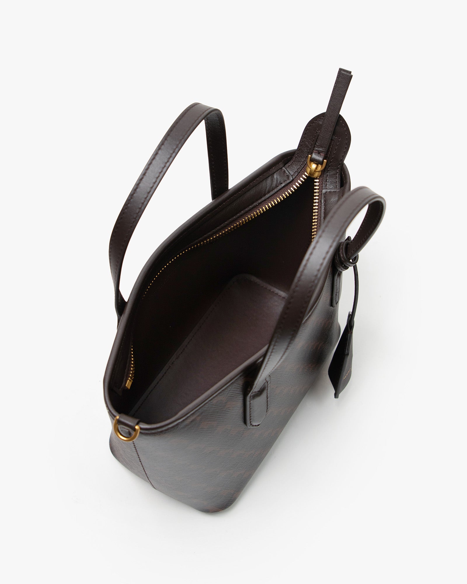 Shopper Nano Chocolat monogram, vue de dessus, sac ouvert montrant l'intérieur et la poche zippée