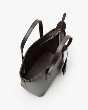 Shopper Nano Chocolat monogram, vue de dessus, sac ouvert montrant l'intérieur et la poche zippée