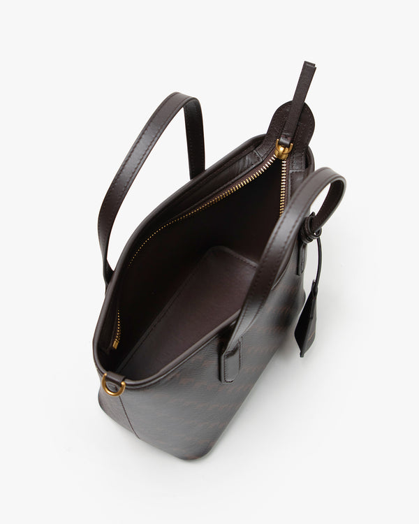 Shopper Nano Chocolat monogram, vue de dessus, sac ouvert montrant l'intérieur et la poche zippée
