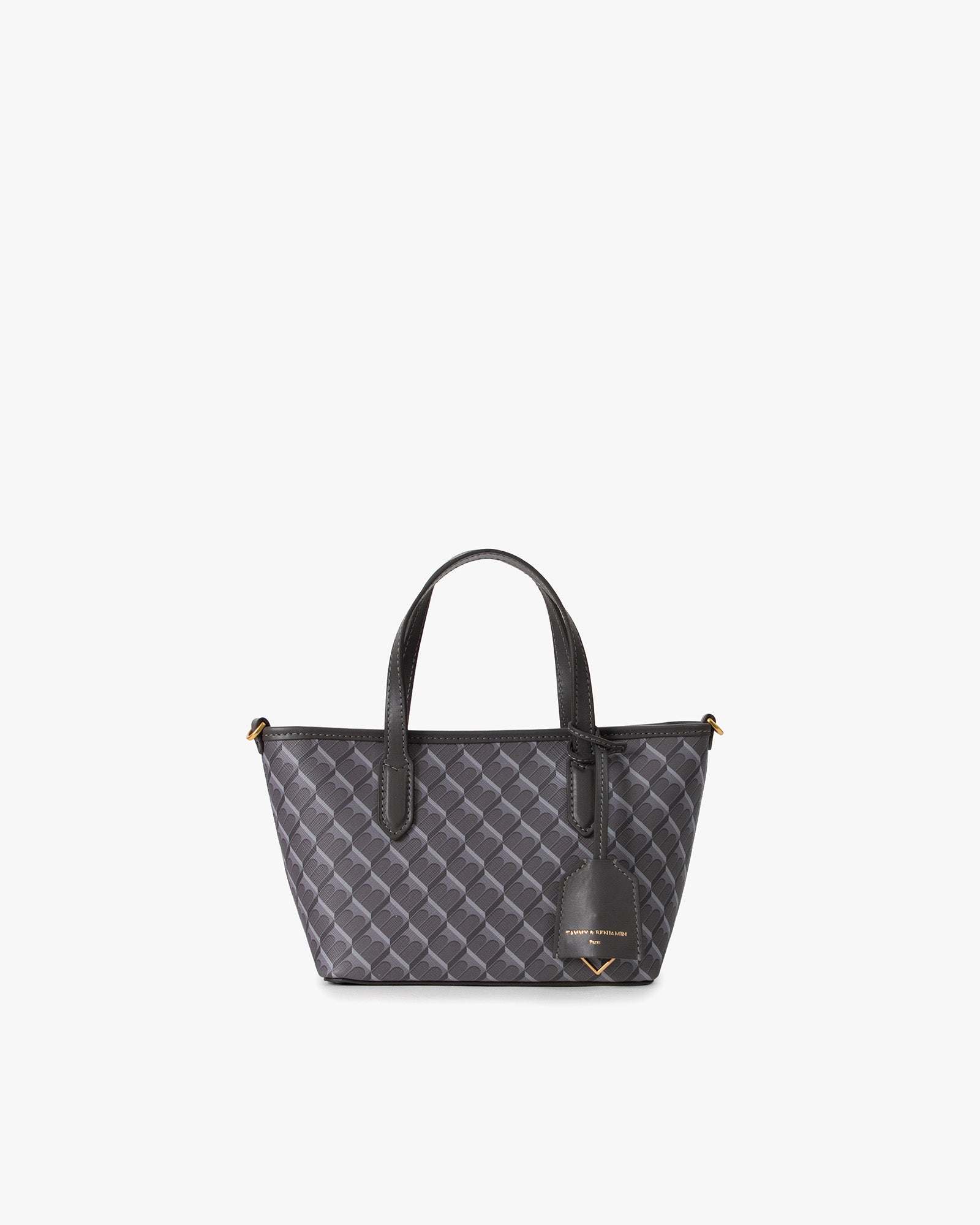 SHOPPER NANO in grey, front view with leather top handles and hanging tag