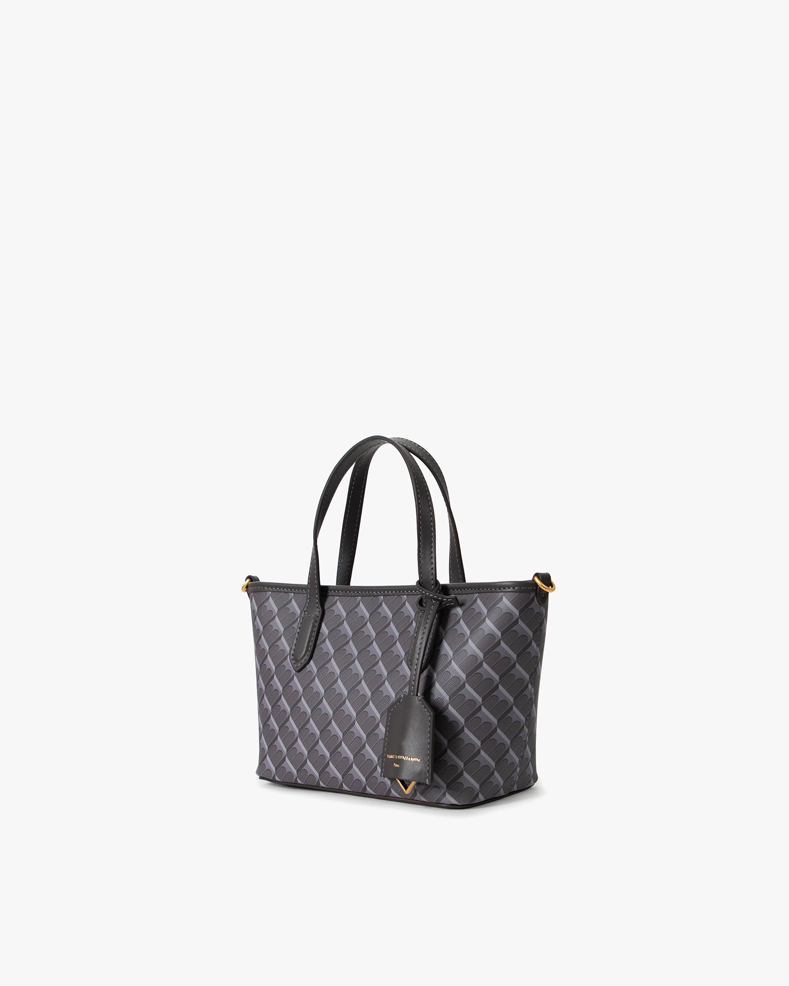 SHOPPER NANO bag in grey, three-quarter view, standing, monogram print, handles up