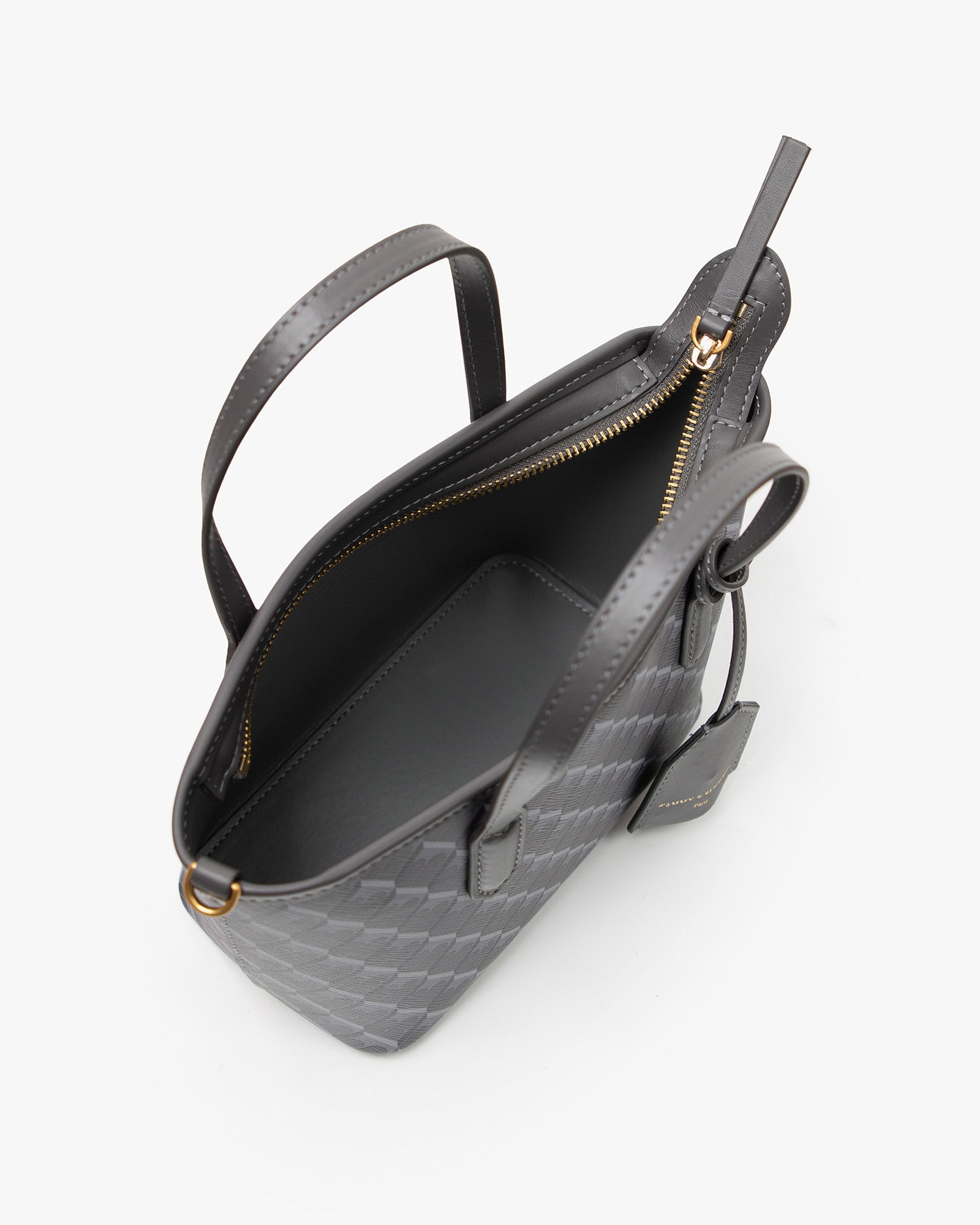 SHOPPER NANO bag in grey, open interior view showing zip pocket and flat pocket