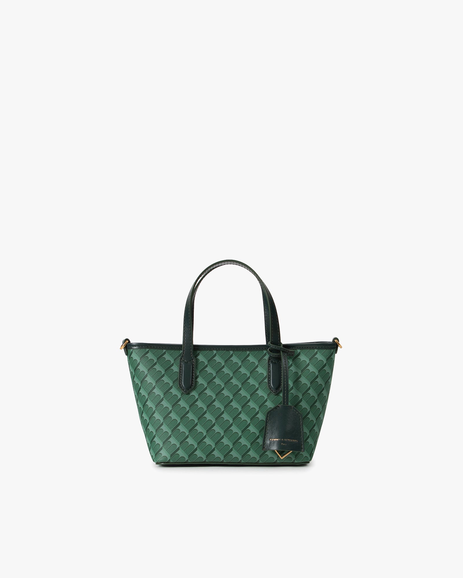 Shopper Nano en vert, vue de face, posé, avec anses courtes et bandoulière amovible détachée