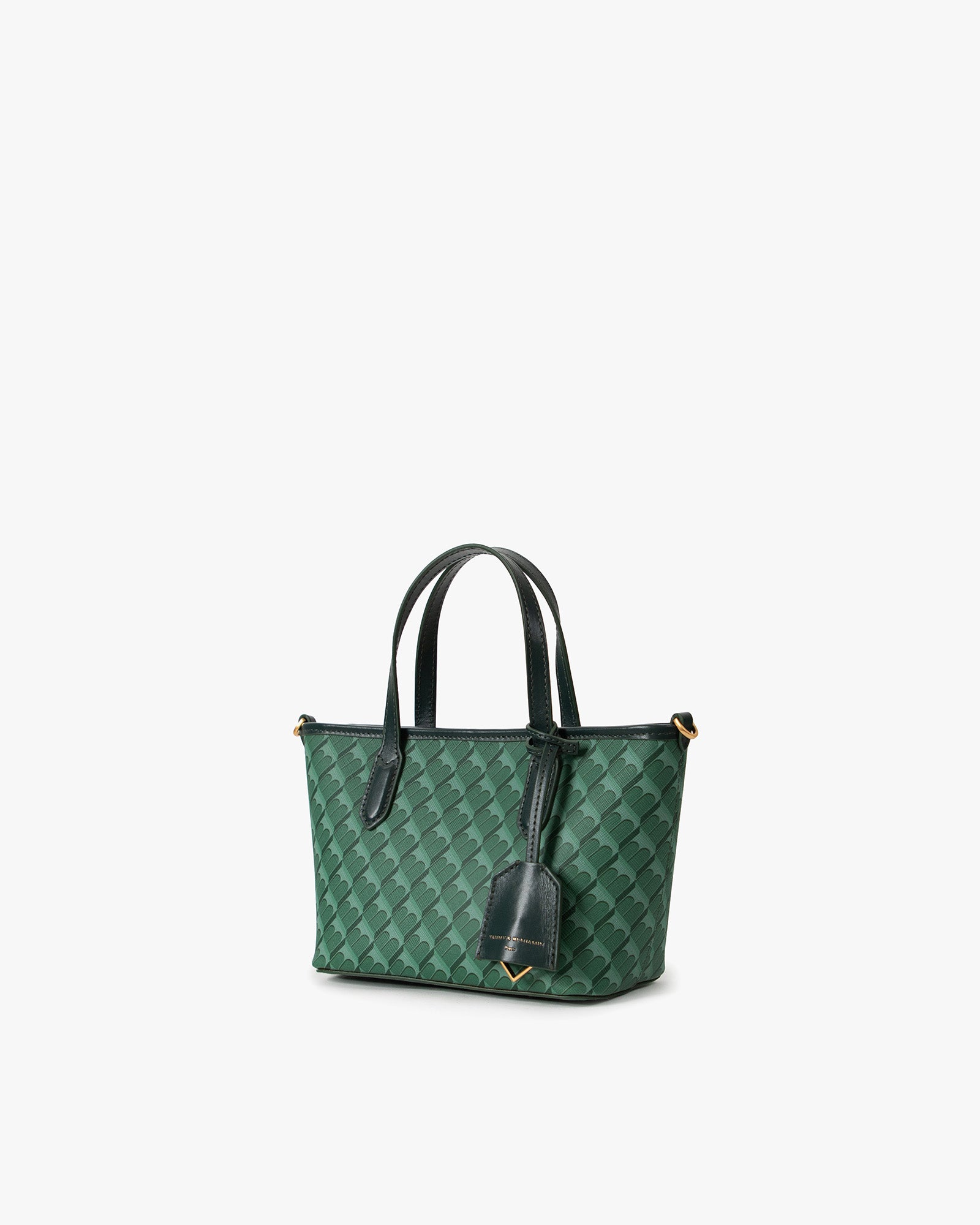 Sac SHOPPER NANO vert, vue de trois quarts, anses portées main, motif monogram et étiquette cuir
