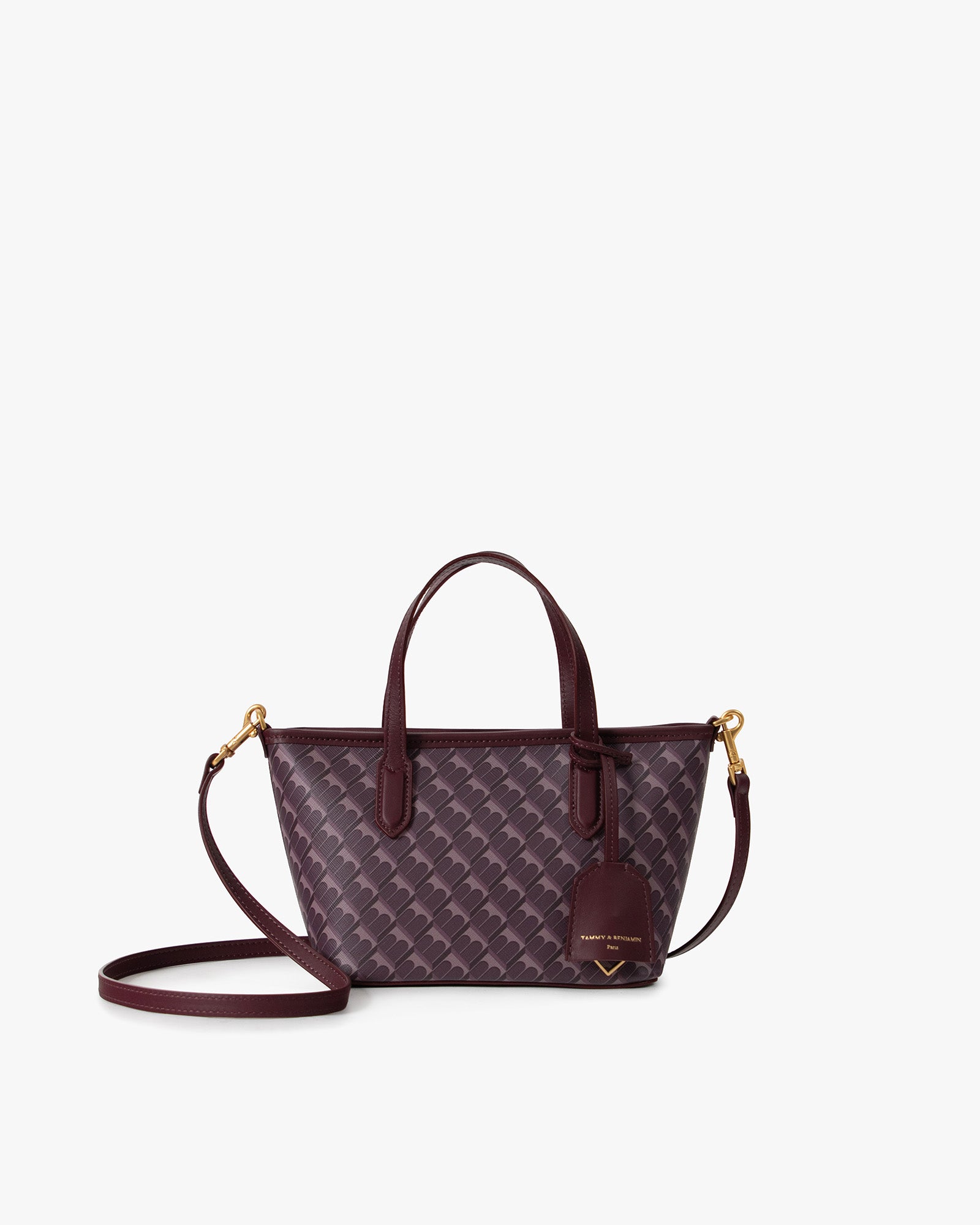 SHOPPER NANO prune, vue de face, posé, anses et bandoulière amovible en cuir, motif monogram