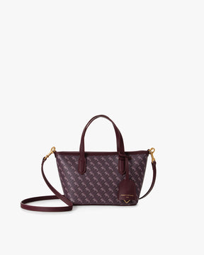 SHOPPER NANO prune, vue de face, posé, anses et bandoulière amovible en cuir, motif monogram