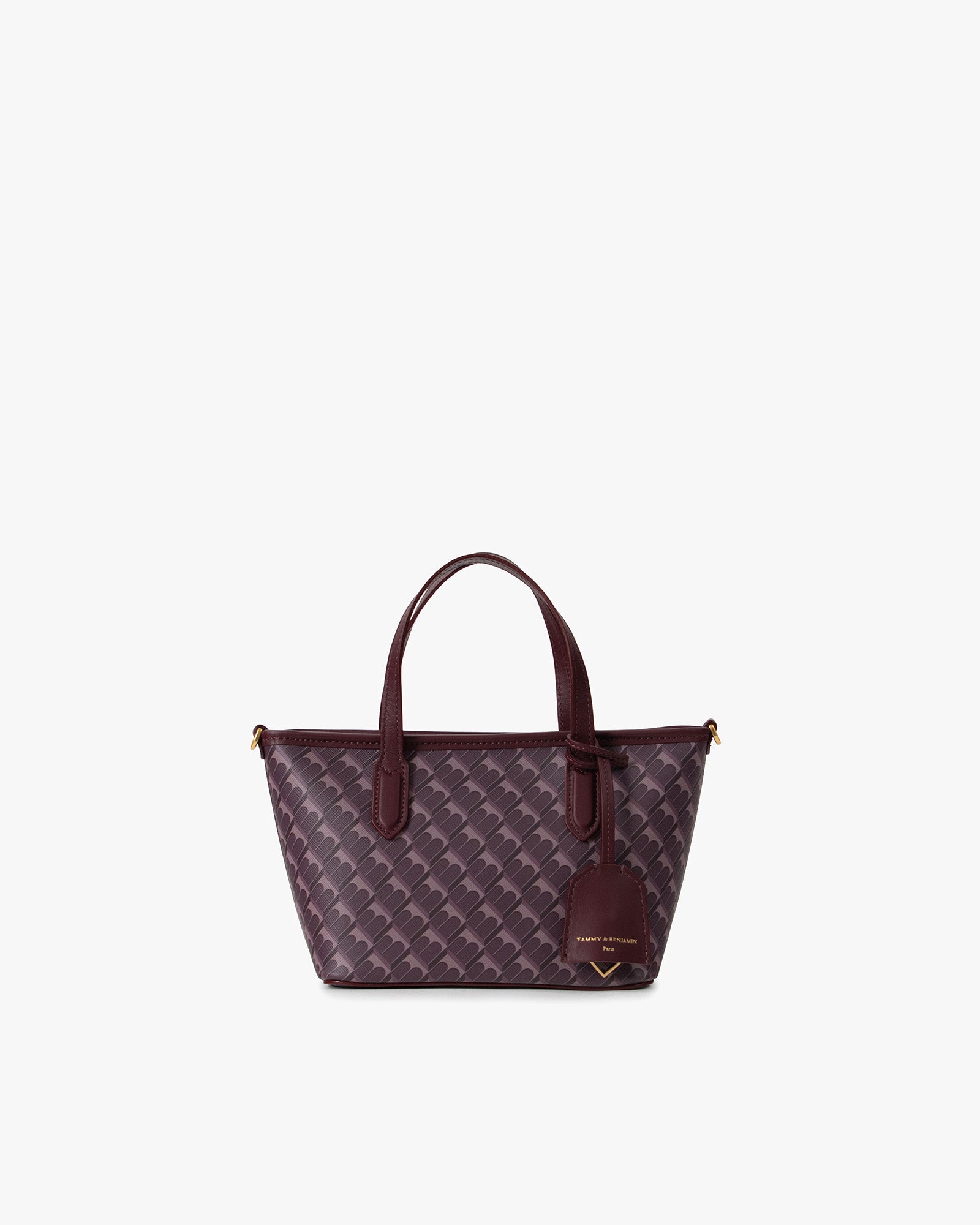 Shopper Nano prune, vue de face, posé, avec ses deux anses en cuir et son porte-adresse