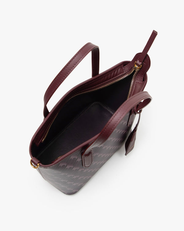 SHOPPER NANO Prune, vue intérieure ouverte, compartiment principal et fermeture zippée visibles