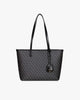 TOTE MONOGRAM PM noir, vue de face, posé, avec ses deux anses plates et sa breloque en cuir